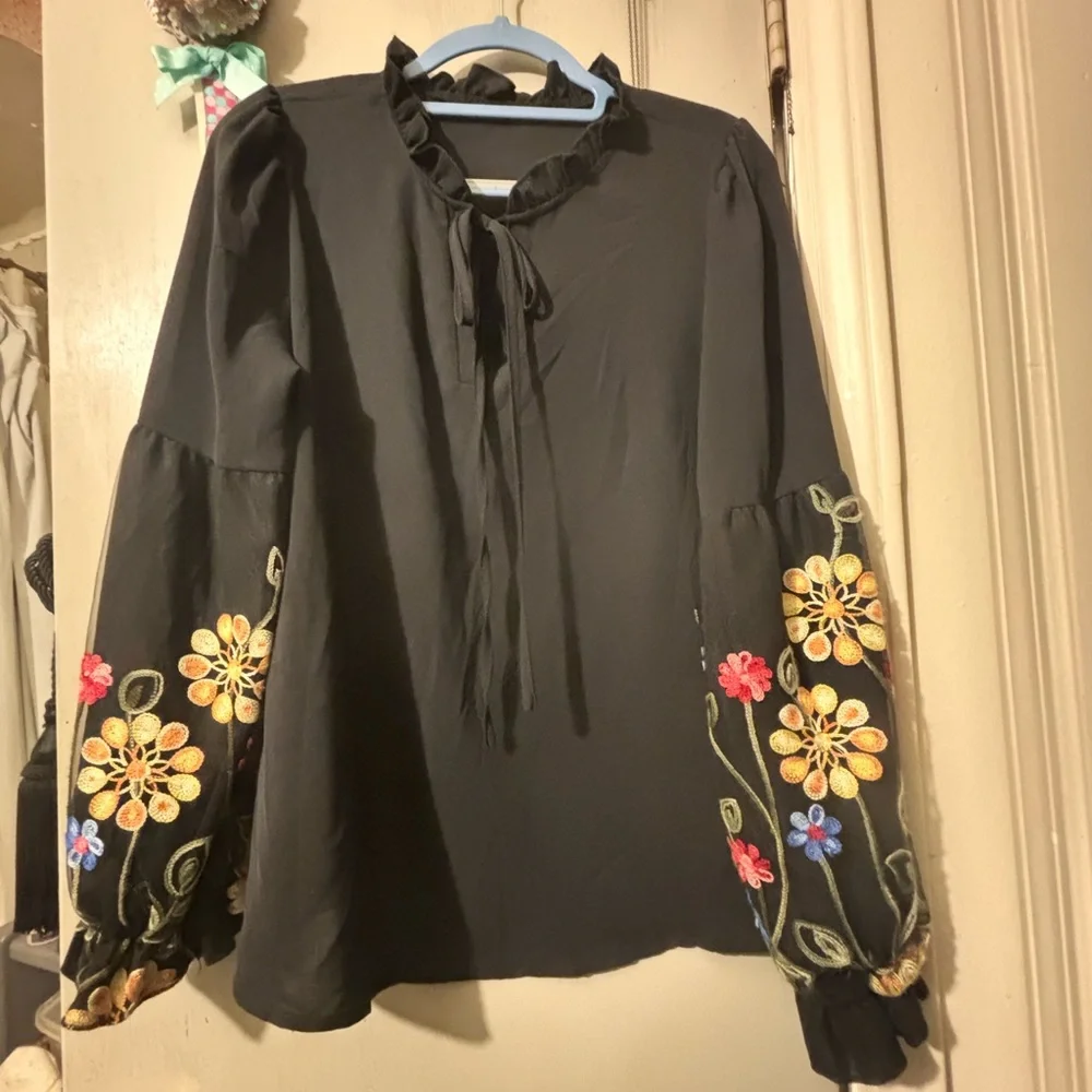 SHEIN Black Sheer Flowy Blouse with Colorful Lantern Embroidered Floral Sleeves - Picture 6 of 17